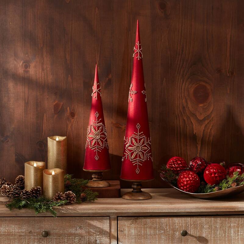 2 Beaded Snowflake Cone Pine Christmas Tree Tabletop Decorations 31"