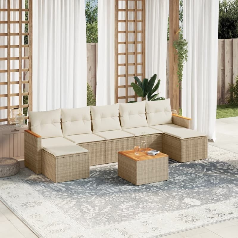 vidaXL Patio Sofa Set with Cushions Outdoor Conversation Furniture Poly Rattan - Beige with table - 24.4 x 21.7 x 27.2 in