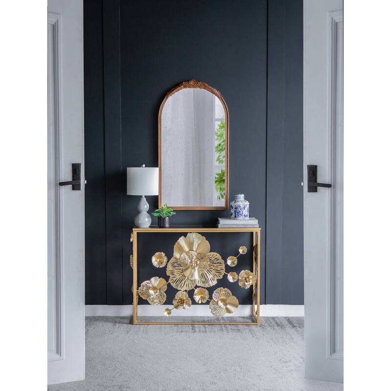 39.5" x 12" x 30.5" Gold Console Table with Mirrored Glass Top, Modern Entryway Table