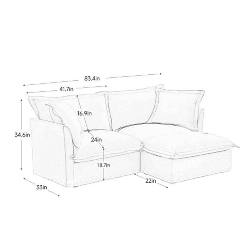 Slipcovered Chenille 2-Seater Sofa Couch with Convertible Ottoman & Soft Big Pillows