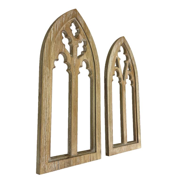 Washed Wood Gothic Arch Window Frame Wall Decor 2 Piece Set