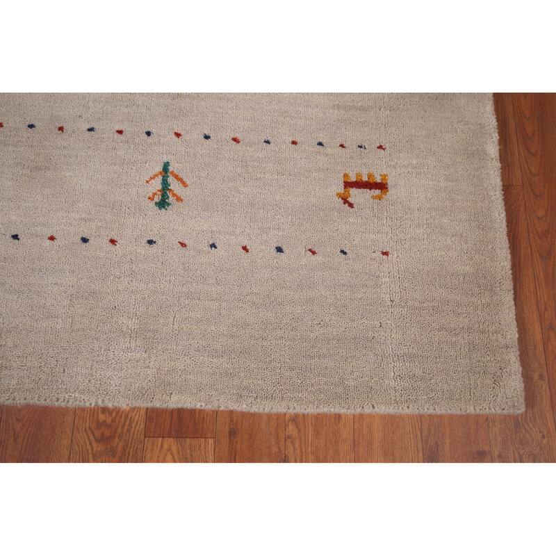 Gabbeh Oriental Area Rug Hand-Knotted Beige Tribal Wool Carpet - 6'7"x 9'9"