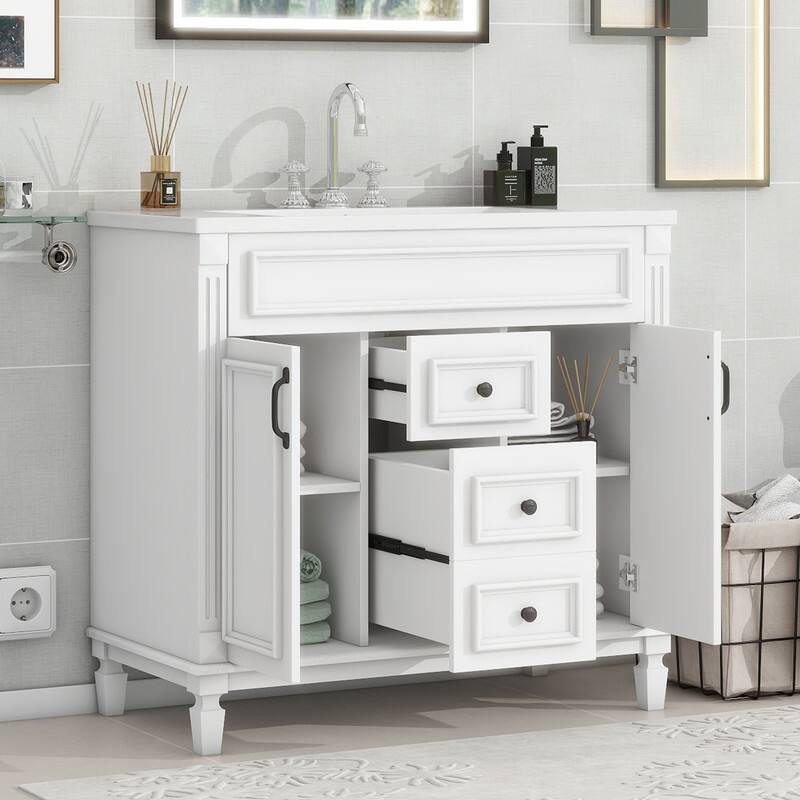 36'' Bathroom Vanity with Top Sink, Modern Bathroom Storage Cabinet with 2 Soft Closing Doors