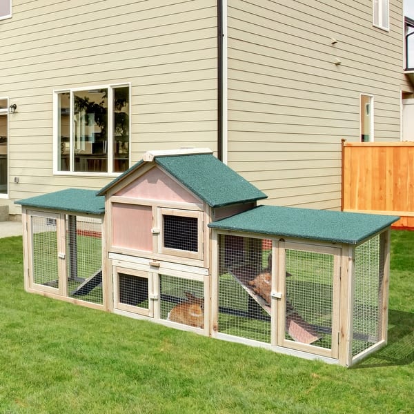 PawHut 83 Wooden Rabbit Hutch Large Bunny Hutch House with Double Run,  Removable Tray and Waterproof Roof for Outdoor - Bed Bath & Beyond -  27664979