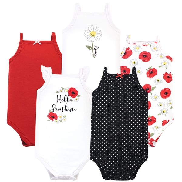 slide 1 of 1, Hudson Baby Infant Girl Cotton Sleeveless Bodysuits 5pk, Poppy Daisy 0-3 Months - Poppy Daisy