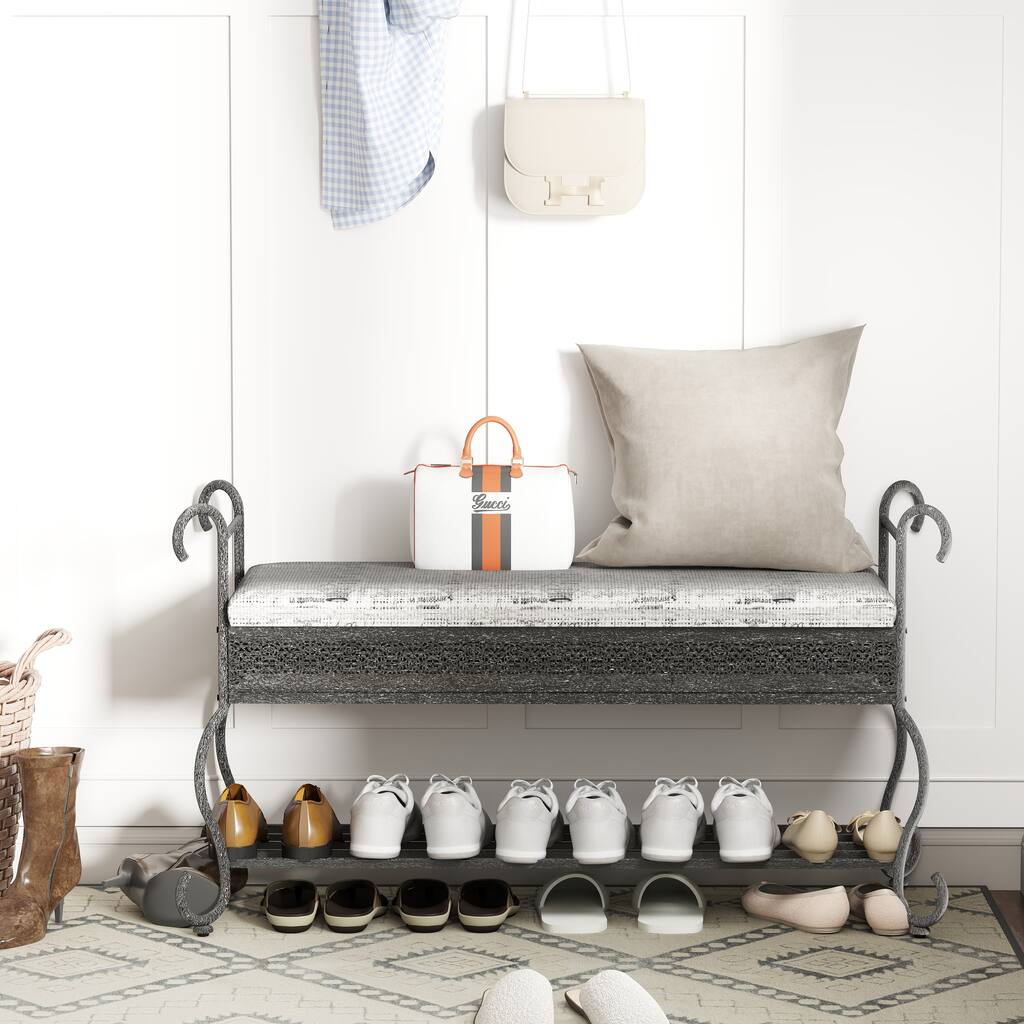 Shoe Rack Bench for Entryway, Industrial Bench, Rustic Shoe Rack for Small Spaces, Upholstered Entryway Bench