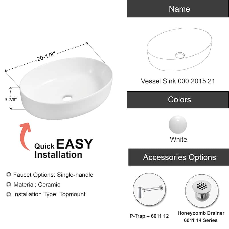 Dowell Ceramic Vessel Sink, Oval, Gloss White - 20Wx15Dx6H - 20Wx15Dx6H - White