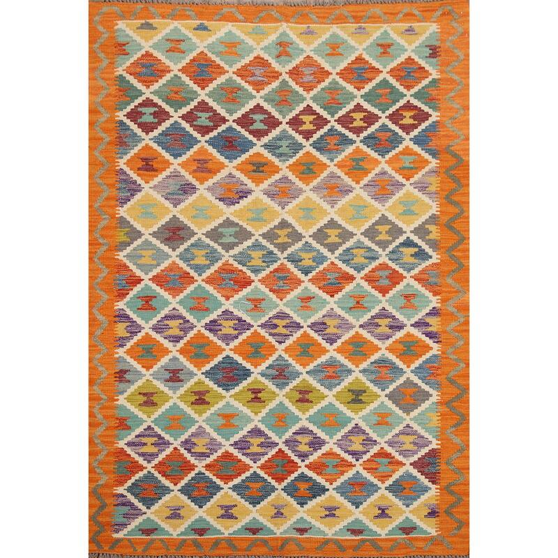 Hand Woven Oriental 100% Wool Carpet Southwestern Geometric Multi-Colored Kilim Area Rug - 6' 2'' X 4' 11''