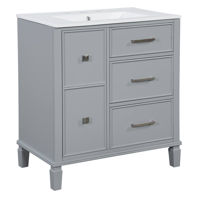30" Bathroom Vanity with Ceramic Sink, Flip-Out Drawer, Soft Close Doors & Drawers Cabinet with Solid Wood Legs