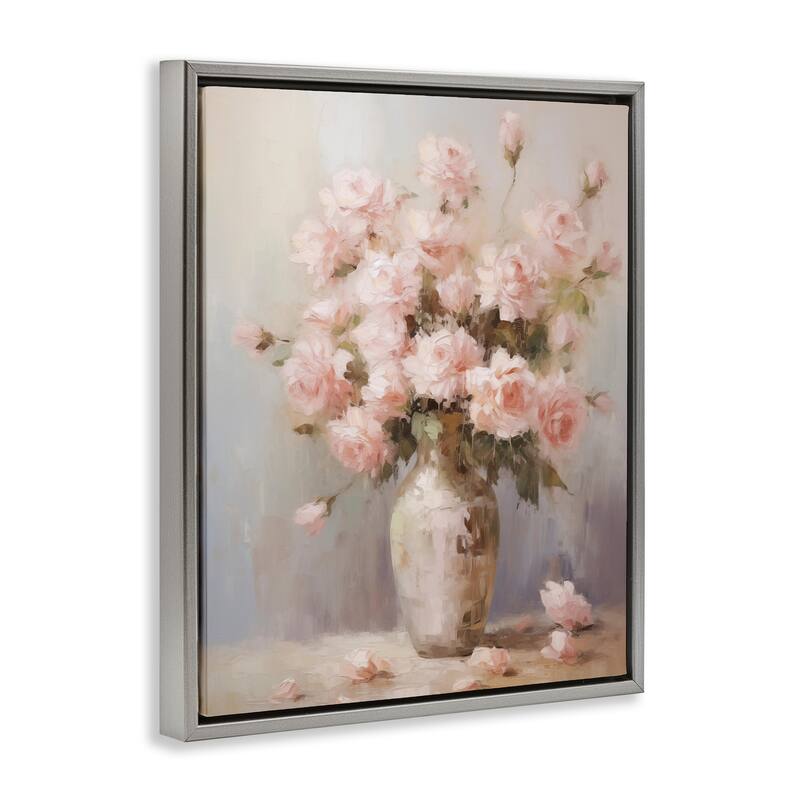 Stupell Vase of Soft Pink Roses Framed Floater Canvas Wall Art Design By Arlington Prints