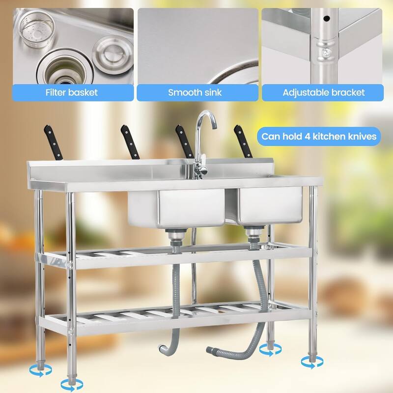 47" FreeStanding Double Bowl Commercial Kitchen Sink with Cold and Hot Water Pipes