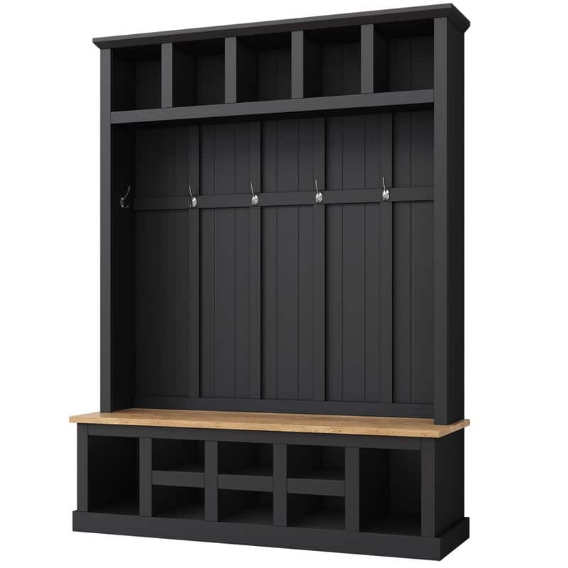 Wide Hall Tree with Shoe Storage Bench, Entryway Shoe Cabinet with 13 Compartments, Elegant Coat Rack w/ 6 Hooks & Shoe Cubbies
