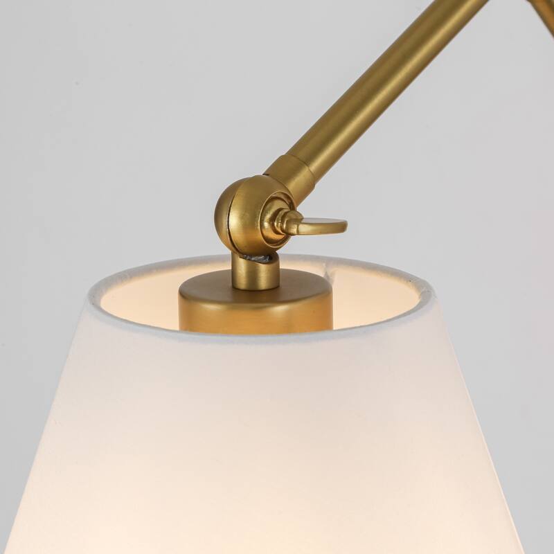 1-Light Modern Brushed Gold Adjustable Swing Arm Wall Sconce with Cone Fabric Shade for Bedroom, Study