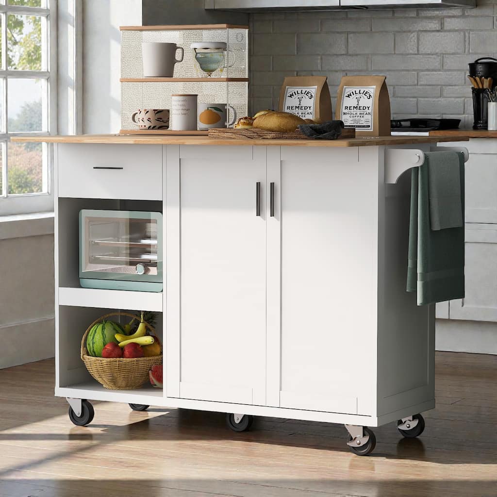 Kitchen Island Cart with Foldable Countertop, Rolling Kitchen Cart with Drawer, Slide-Out Shelf
