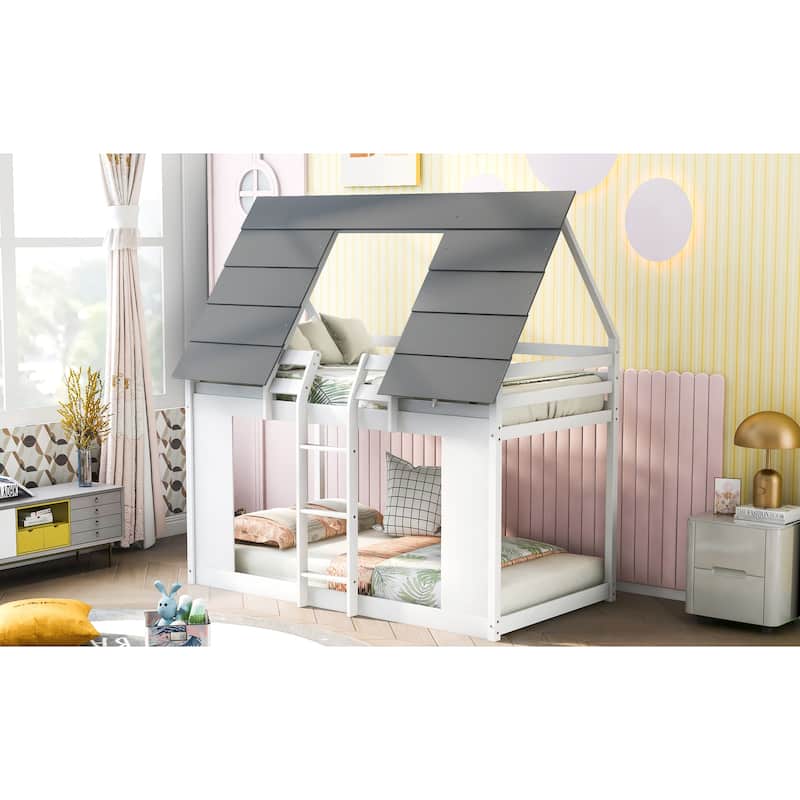 Wood House Bunk Bed with Roof