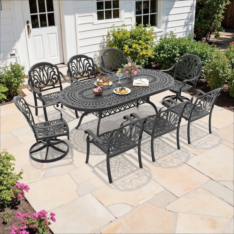 9-Piece Outdoor Dining Set with 1 Table and 8 Chairs, All-Weather Aluminum Outdoor Patio Sets