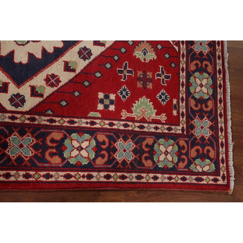 Geometric Red Kazak Oriental Foyer Rug Hand-Knotted Wool Carpet - 3'3" x 4'9"