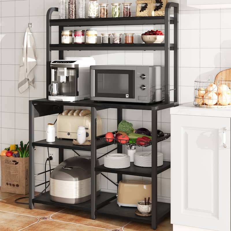 Kitchen Buffet Table with Large Storage with Power Outlet - Black
