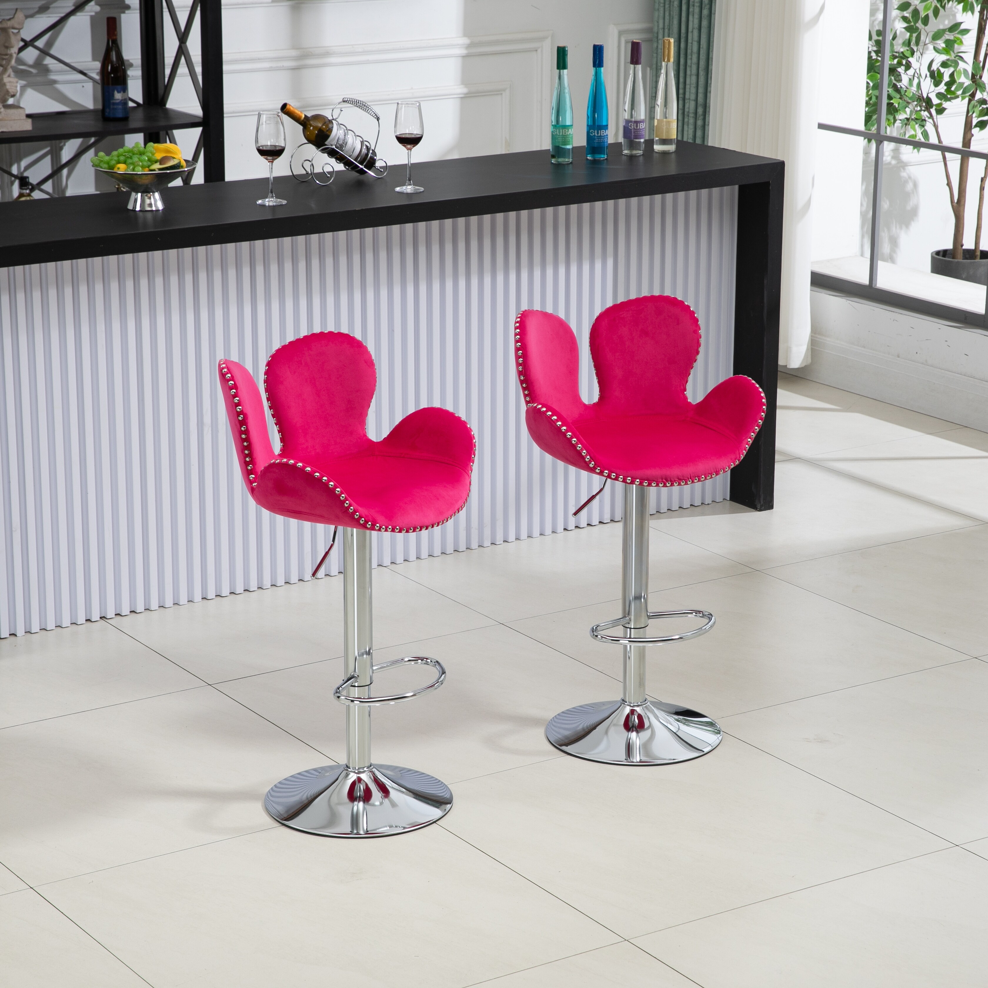 Modern Bar Stools Set of 2 Velvet Height Adjustable Swivel