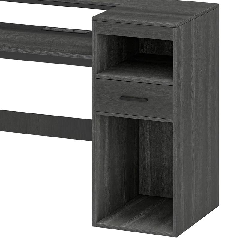 Moasis Farmhouse L Shaped Desk with Drawers, Power Outlets & LED Lights