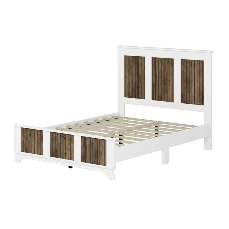 Wooden Platform Bed, Wingback Bed Frame with Wooden Strip Decoration Headboard and Footboard, Plywood Slats Support