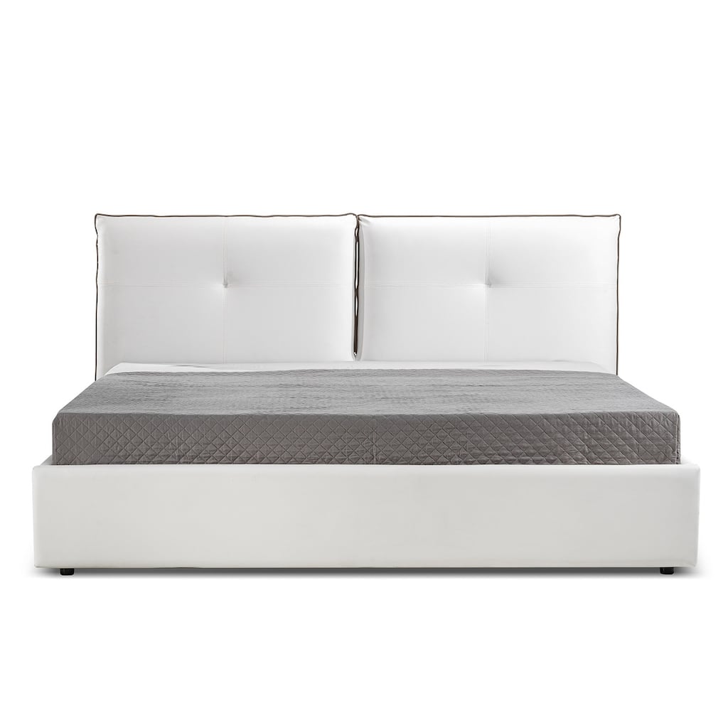 ARIA King in white pu-leather with taupe pu piping and storage.