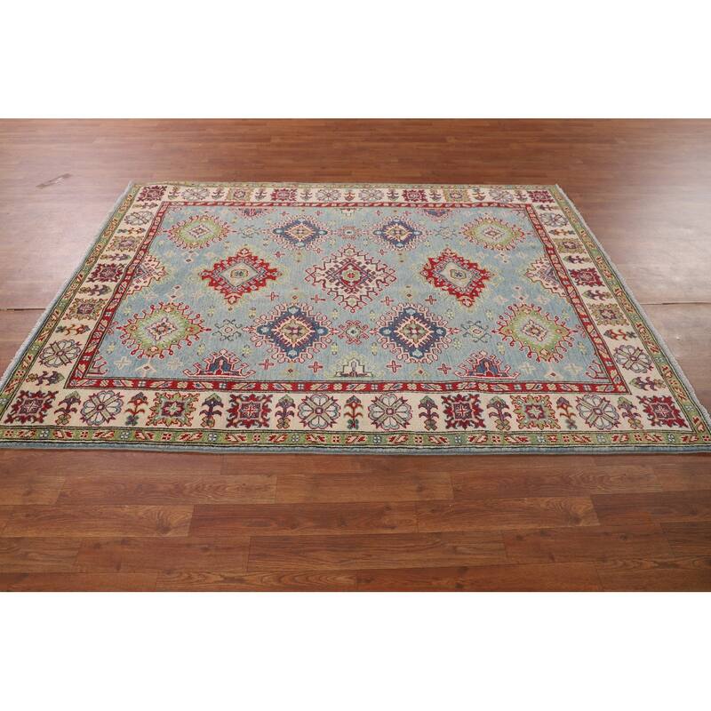 Light Blue Geometric Kazak Rug Handmade Oriental Wool Carpet - 5'0" x 6'11"
