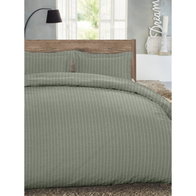 Dormisette Luxury German Flannel 3-piece Cotton Duvet Cover Set - Agave Green Stripe - King