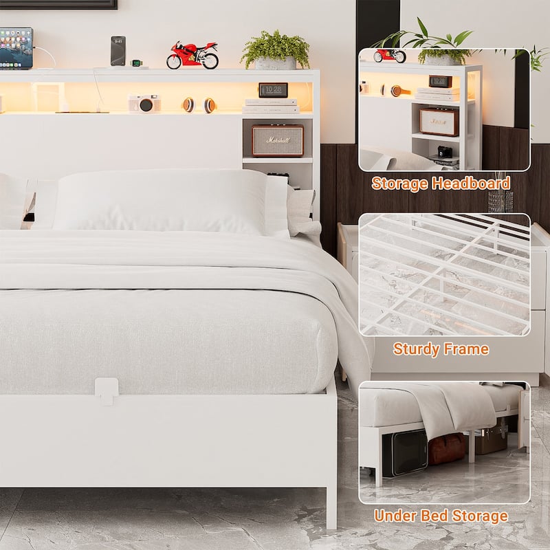 Bed Frame with Charging Station and RGB LED Lights, Sturdy Platform Bed with Storage Headboard,