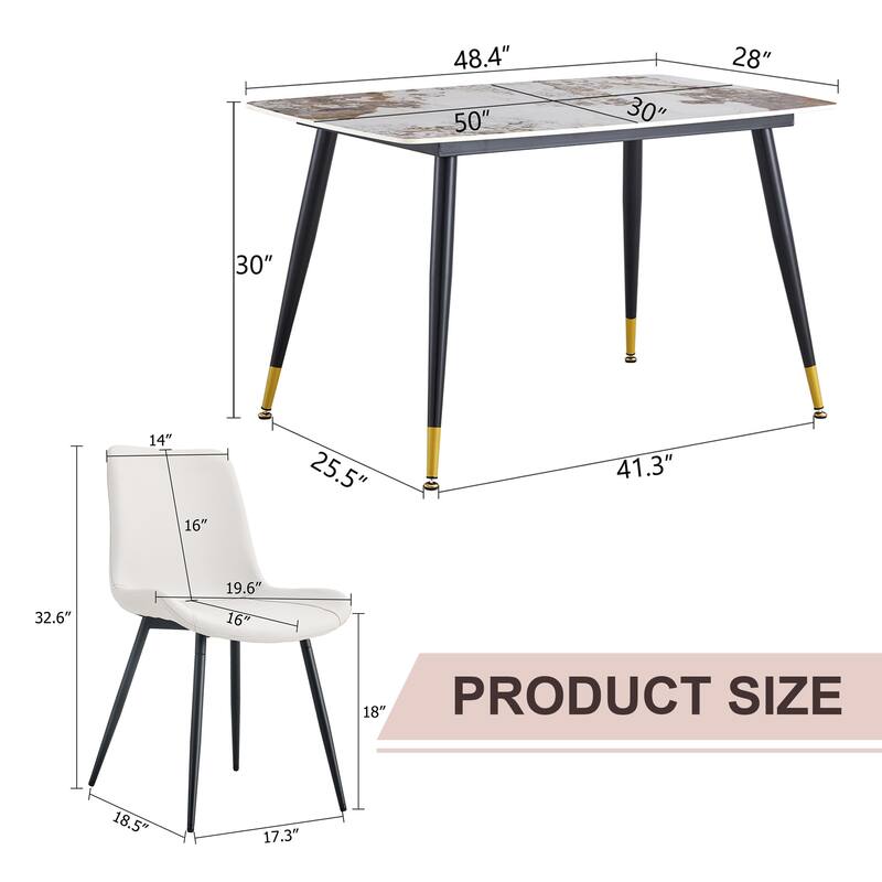 48.4" 5-Piece Sintered Stone Dining Table Set with 4 PU Chairs, Curved Widened Cushions, Pandora Patterned Rock Slab Desktop
