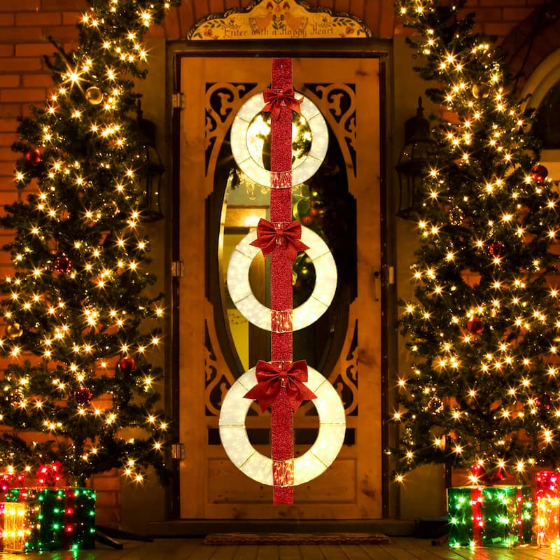 Gymax Set of 3 Christmas Lighted Wreaths Pre-Lit Metal Wreaths on Red - Multi-colors - See Details