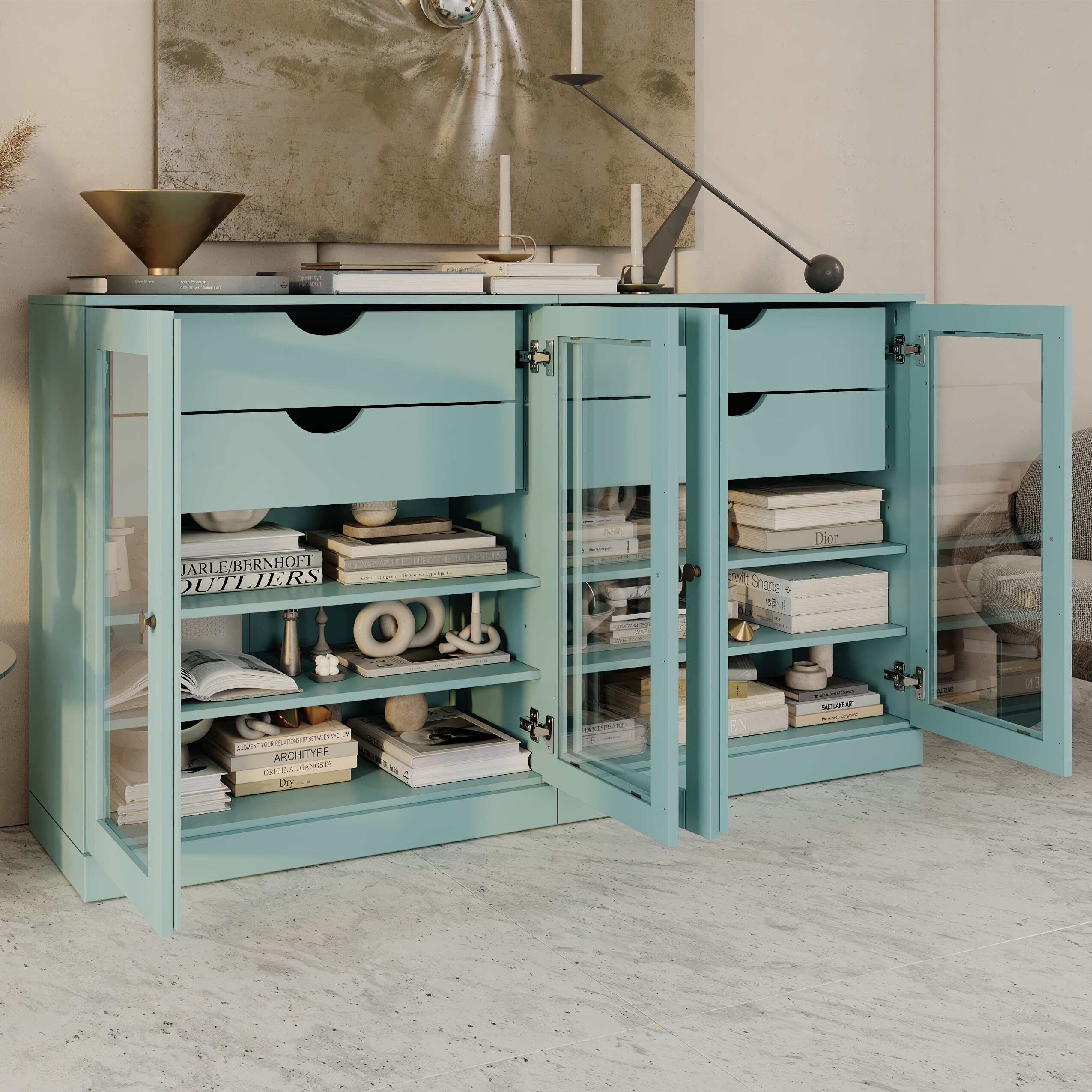 Palace Imports 100% Solid Wood 64" Sideboard with Clear Glass Doors, 4-Drawers and Adjustable Shelves