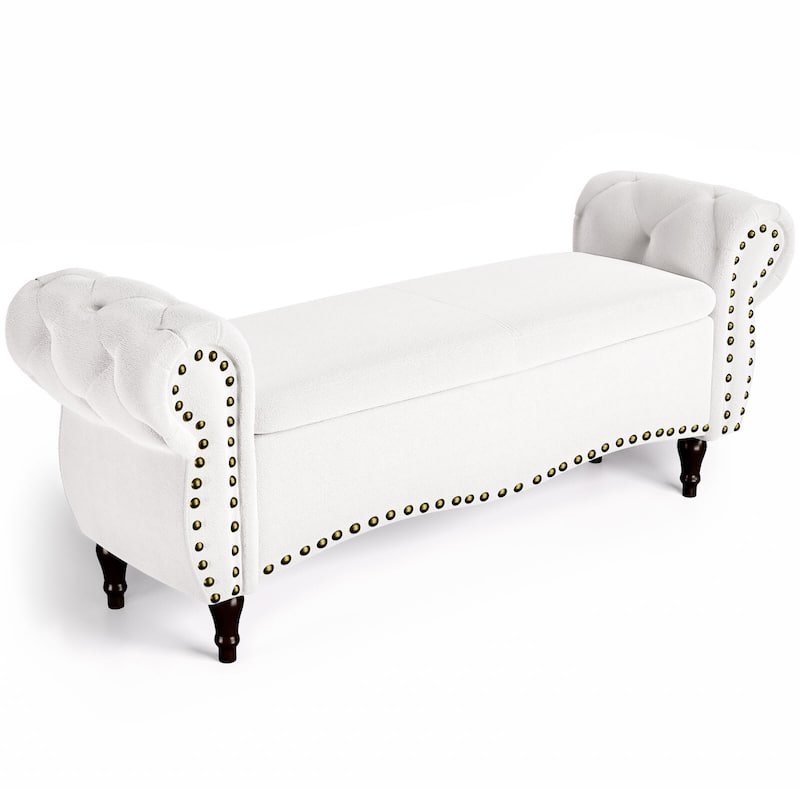 53 in Tufted Rolled Arm Storage Bench with Nailhead Trim - White