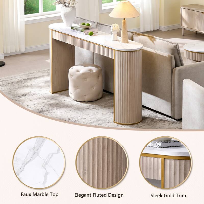 Modern 63" Fluted Console Table, Faux Marble Texture Top, Entry Table
