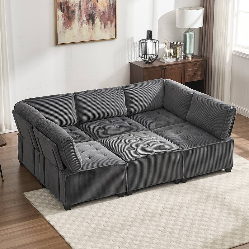 U-Shaped Modular Sectional Sofa, Oversized Corduroy Cloud Couch with Reversible Chaise, Comfy Convertible 6-Seat Corner Couch