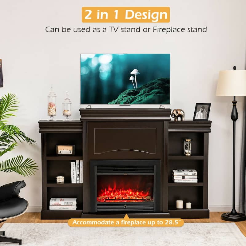 70-Inch Brown Media Entertainment Center with Bookcase and Fireplace Cabinet - 70" x 11"x 45"(L x W x H)