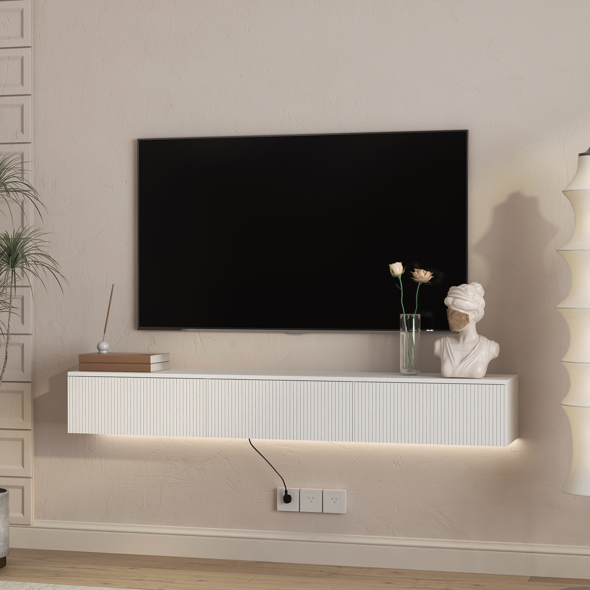 65" Floating TV Stand Wall Mounted with 16 Color LEDs, Modern Fluted TV Stand Entertainment Center for TVs Up to 65"