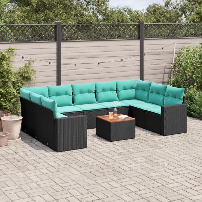 vidaXL 10 Piece Patio Sofa Set with Cushions Black Poly Rattan - 24.4" x 24.4" x 27.2" - Black - form1