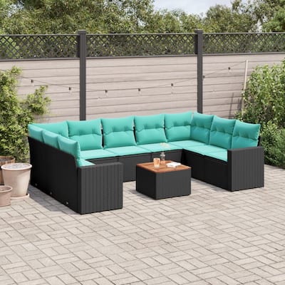 vidaXL 10 Piece Patio Sofa Set with Cushions Black Poly Rattan - 24.4" x 24.4" x 27.2"
