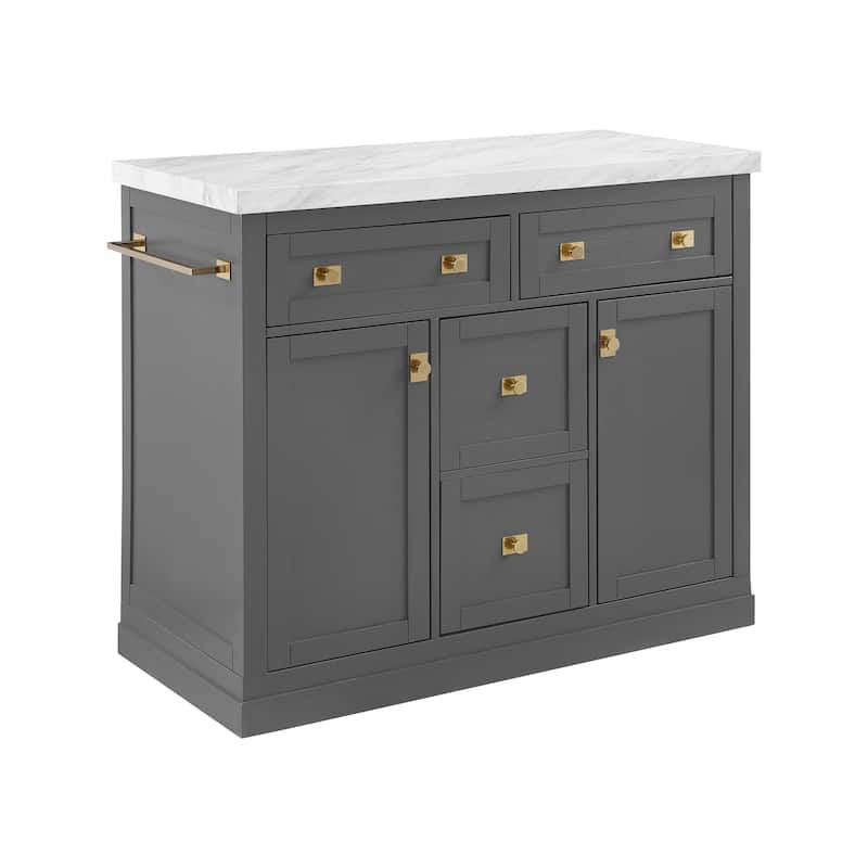 Gray Kitchen Island with White Faux Marble Countertop, Cabinets, Drawers, and Elegant Hardware for Modern Homes
