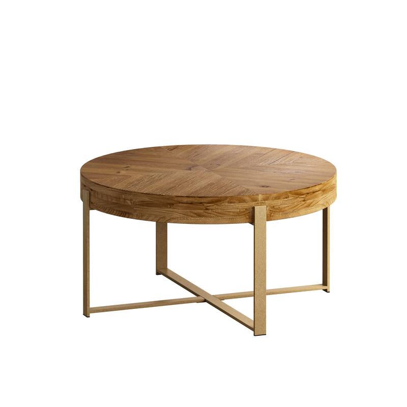 Modern Retro Splicing Round Coffee Table,with Cross Legs Metal Base