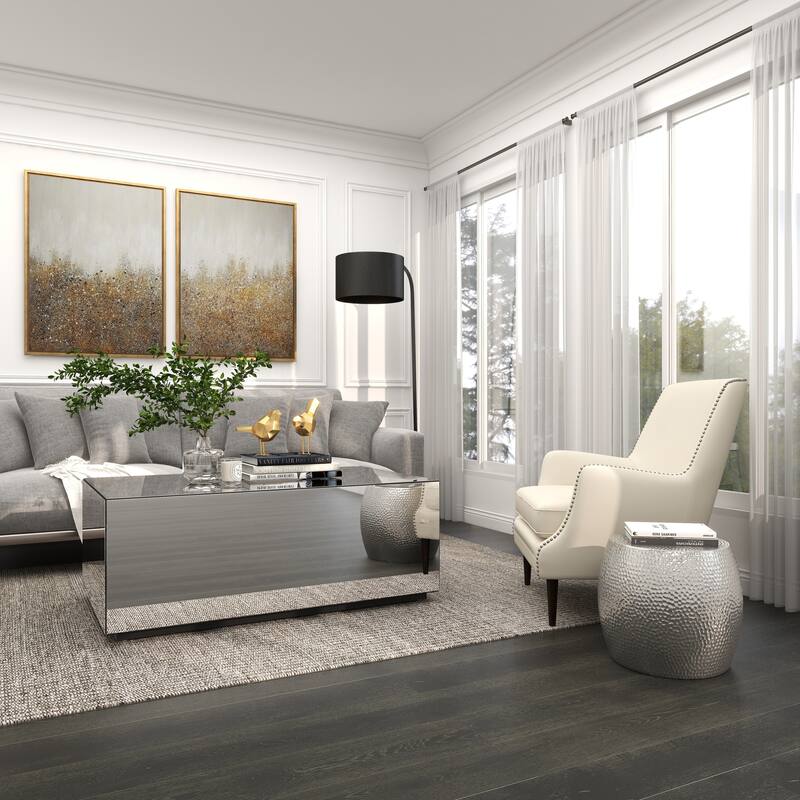 Silver Aluminum Metal Drum Shaped Accent Table with Hammered Design