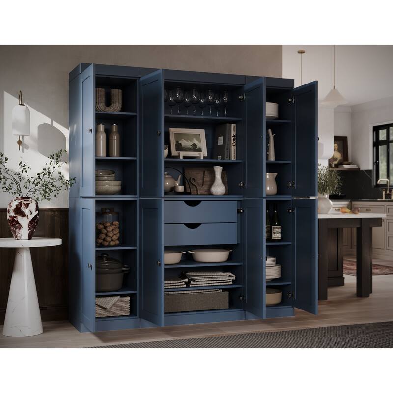 Palace Imports 100% Solid Wood 65" Pantry Cabinet with Shaker Doors, 2-Drawers and Adjustable Shelves - Antique Blue