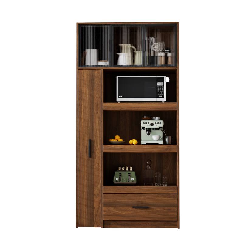 GDFStudio - Harry 70.87" Freestanding Multi-Function Pantry Cabinet with Pull-Out Shelves, Drawers & Microwave Stand