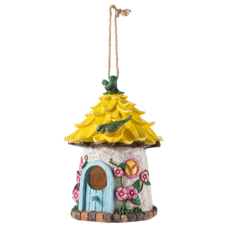 Glitzhome 9''H Resin Pink Yellow Roof Outdoor Garden Birdhouse