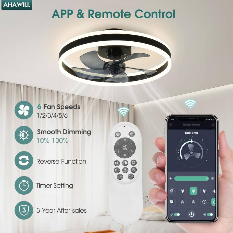 Fandelier Ceiling Fans with Lights and Remote,19.7in Low Profile Dimmable Ceiling Fan,Brushed Black Flush Mount Ceiling Fan