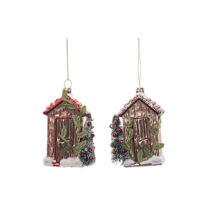 Transpac Glass Rustic House Ornament Set of 2 Christmas Home Decorations - Multicolor