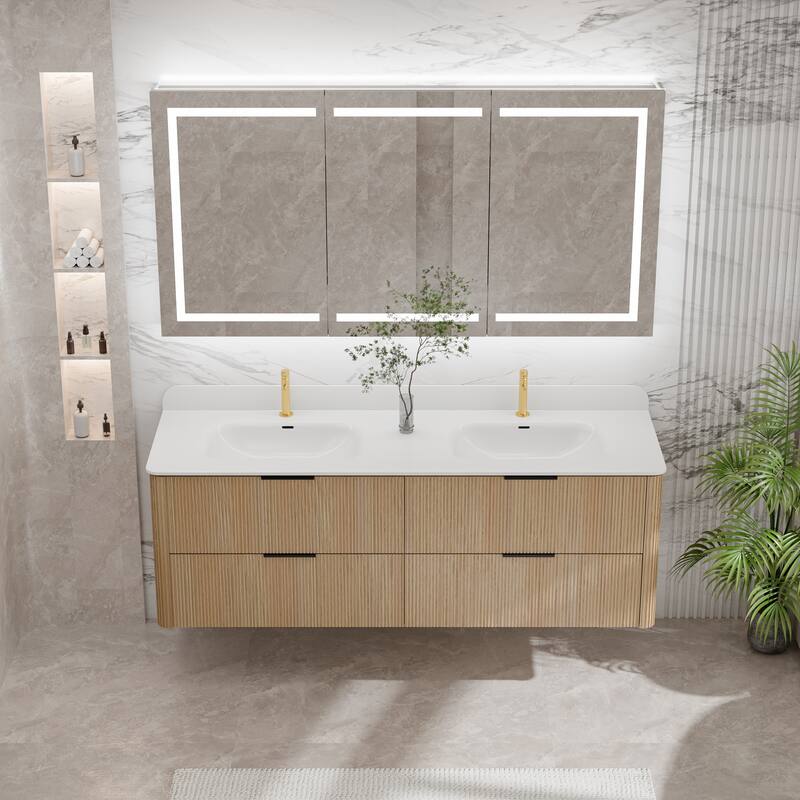 Modland 60" Fluted Double Vanity, Floating Plywood Wall Mount, Dual Sink, Curved Edge, 4 Drawers - 60 inch - Natural Oak