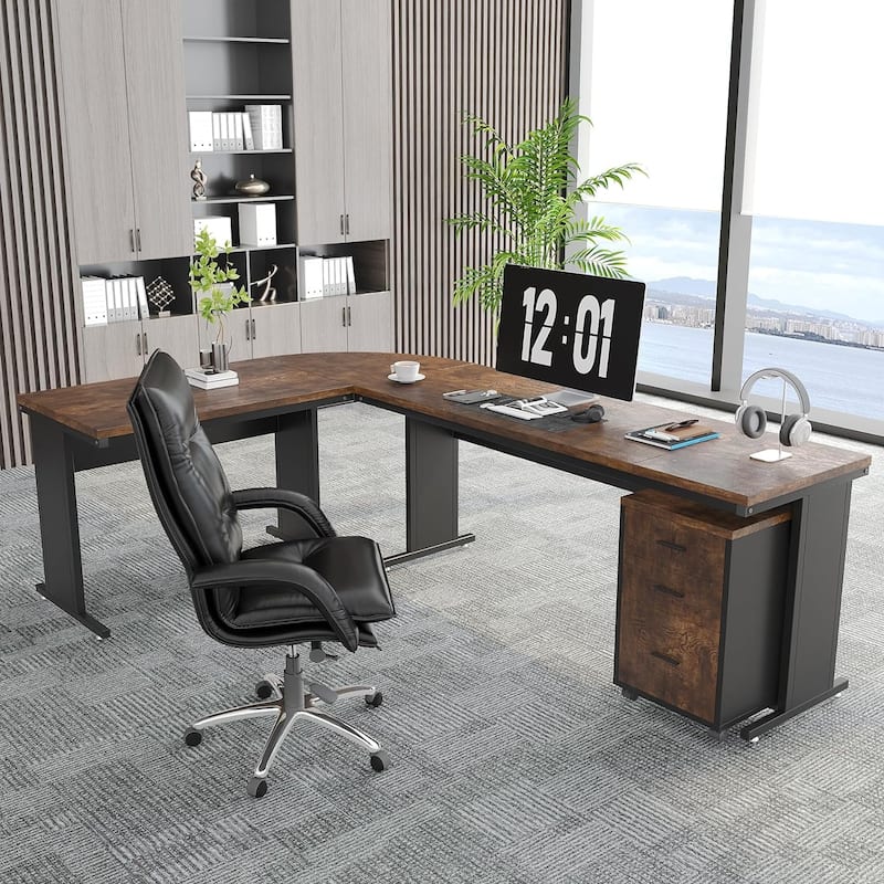 83" L-Shaped Executive Desk, Large L Office Desk with 3-Drawer Mobile File Cabinet, Business Furniture Desk Workstation