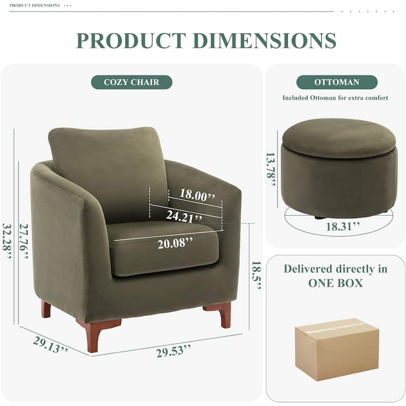 Sherpa Accent Chair with Storage Ottoman Set, Upholstered Barrel Club Arm Chair with Footrest Set of 1/2